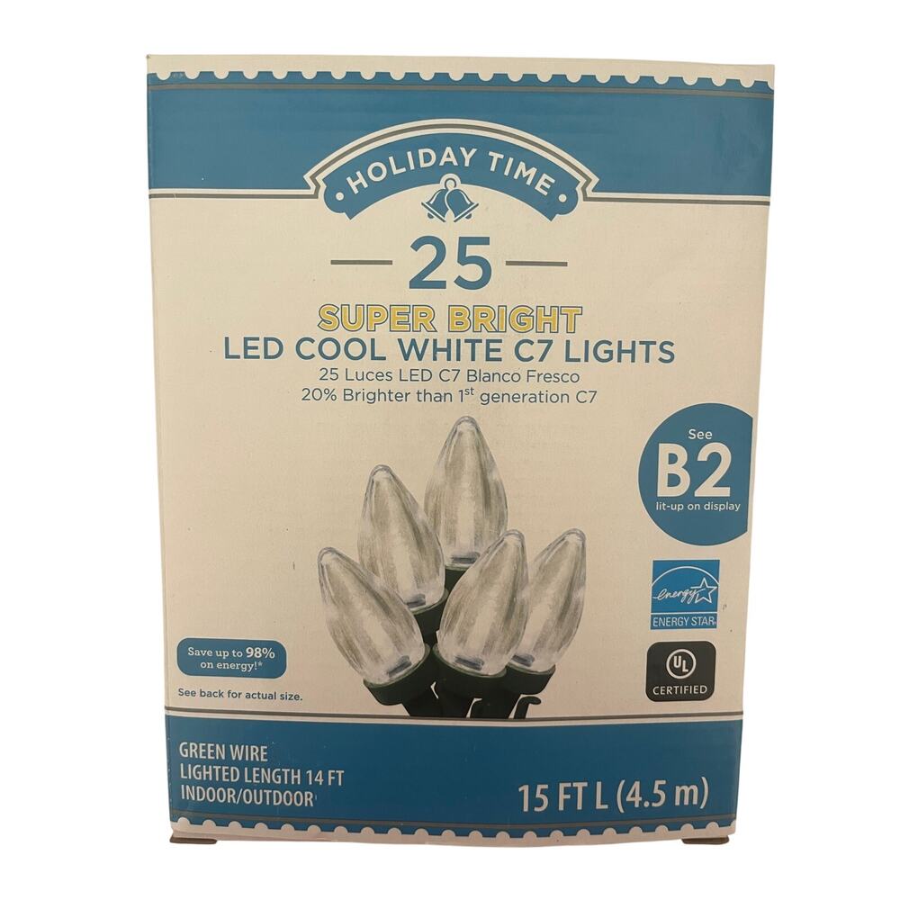 Holiday Time 25-Count Super Bright LED  Cool White  C7 Lights 15 ft - Lot of 2